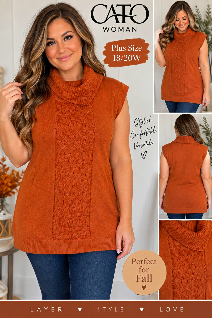 Cato Woman Women’s Plus Size 18W Orange Cable-Knit Cowl Neck Sleeveless Sweater